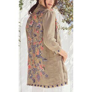 Johnny Was Womens Sz M Tiwa Floral Embroidered Heavy Linen Long Jacket Coat
